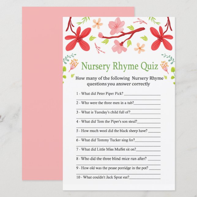 Sakura Nursery Rhyme Quiz baby shower game (Front/Back)