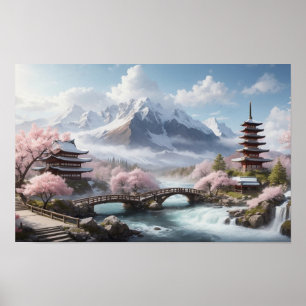 Sakura Painting with Pagoda and River Poster