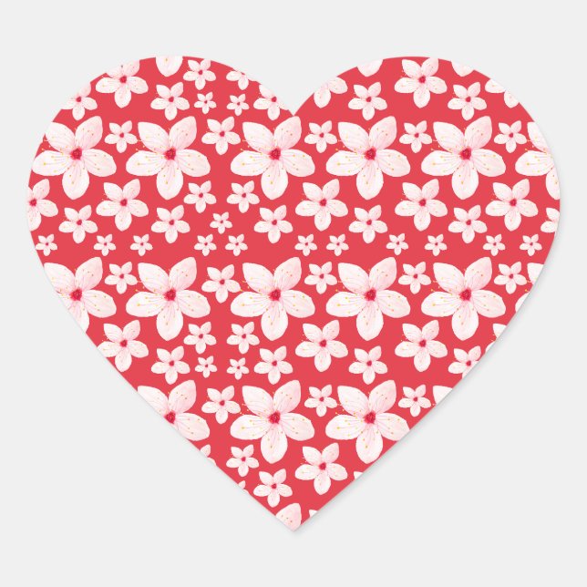 Sakura Pink Flower Seamless Pattern Red Background Heart Sticker (Front)