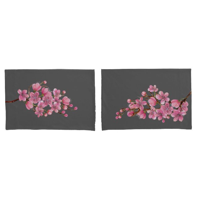 Sakura rose sur la paire de taies d'oreiller grise (devant-Set)