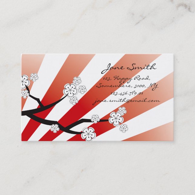 Sakura Sunrise Red & White Stripes Cherry Blossoms Business Card (Front)