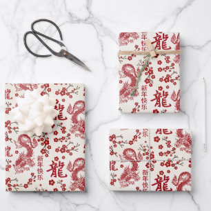 Sakura Tree Blossom and Symbol of the dragon Wrapping Paper Sheet