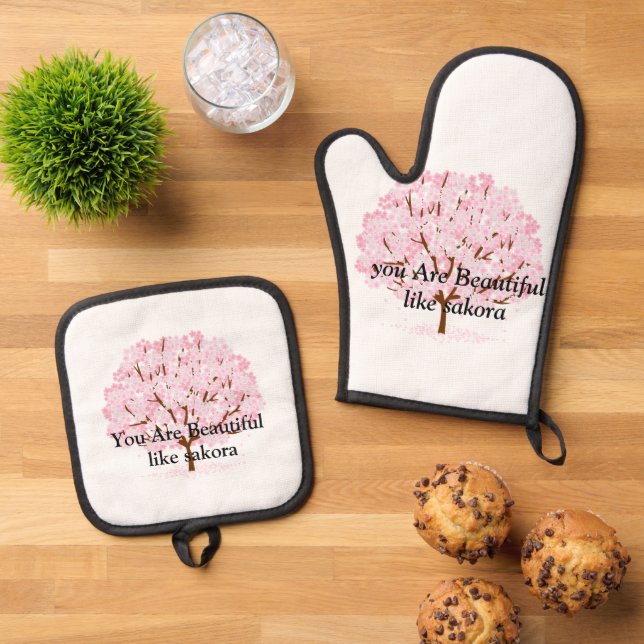 Sakura Tree in Full Bloom – Elegant Spring Design" Oven Mitt & Pot Holder Set (Top Down)