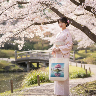 Sakura Tree Mountain Lake Tote Bag   Japanese Cher