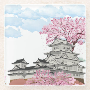 Sakura Tree withe chinan castle cloud ,watercolor Glass Coaster