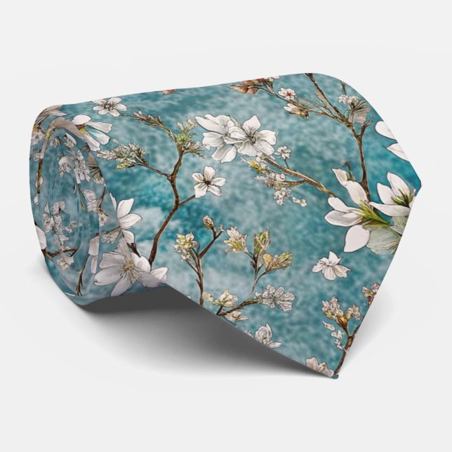 Sakura trees blue plants pattern tie (Rolled)
