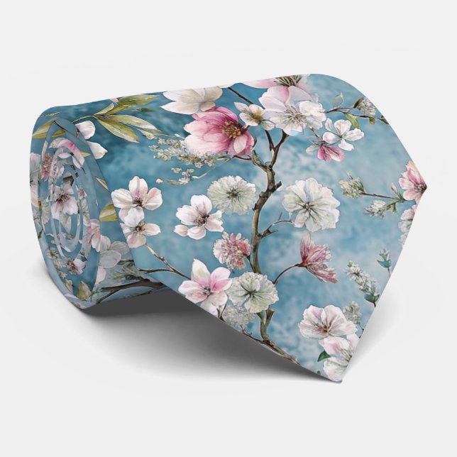 Sakura trees blue plants pattern tie (Rolled)