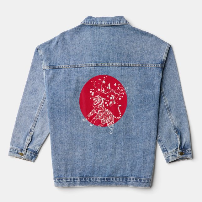 Sakura Wild Cat Asia Wildlife Animal Cherry Blosso Denim Jacket (Back)