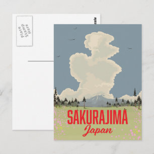 Sakurajima Japan retro travel poster. Postcard