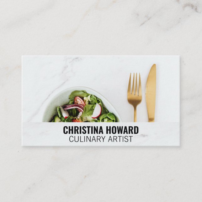 Salad and Silverware on Marble Business Card (Front)