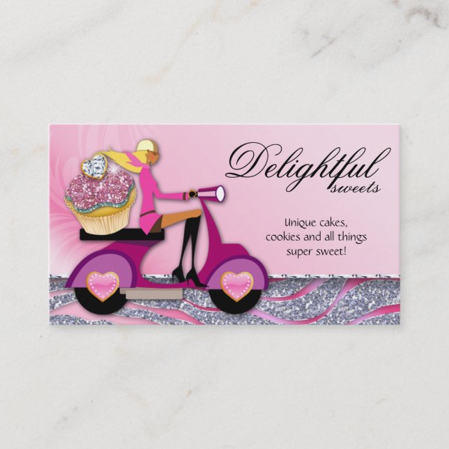 SALE Bakery Business Card Glitter Cupcake Scooter (Front)