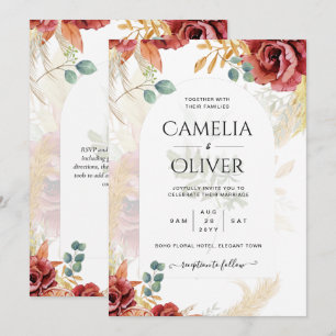 SALE! Boho Burgundy Gold Floral Country Barn Farm Invitation