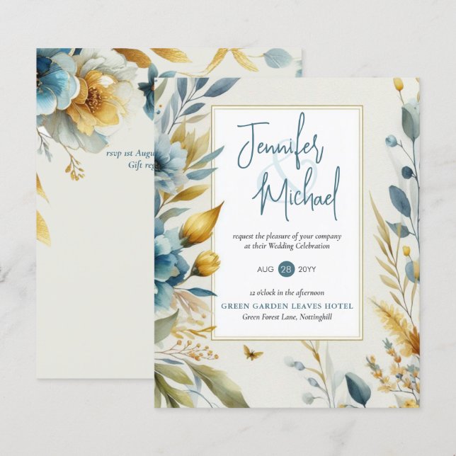 SALE! Teal Yellow Floral Wedding Invitations (Front/Back)