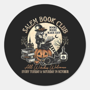 Salem Book Club Witch Cat Halloween Spooky Season Classic Round Sticker