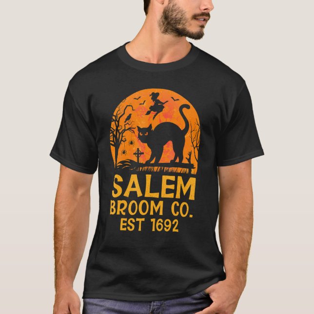 Salem Broom Co Witch Black Cat Halloween Casual Co T-Shirt (Front)