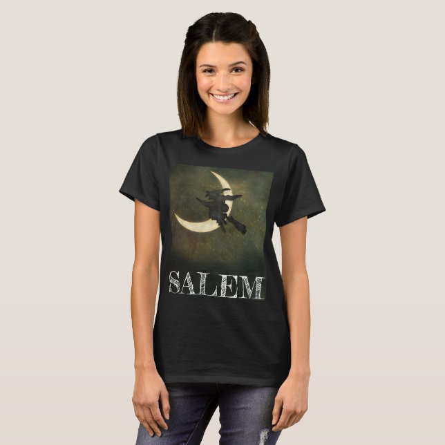Salem Massachusetts Witch flying on broom t-shirt (Front Full)