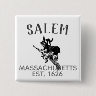 Salem Massachusetts witch on broom with cat 2 Inch Square Button