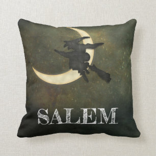 Salem Massachusetts Witch Over Moon Halloween Throw Pillow
