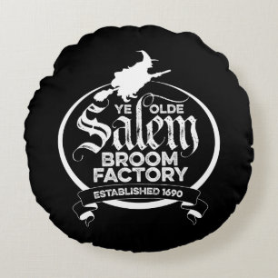 Salem Witch Broom Factory – funny vintage gothic Round Pillow