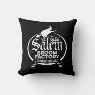 Salem Witch Broom Factory – funny vintage gothic Throw Pillow
