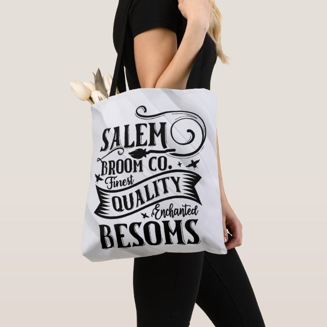 Salem's Broom Company Grey Striped Halloween Tote Bag (Close Up)