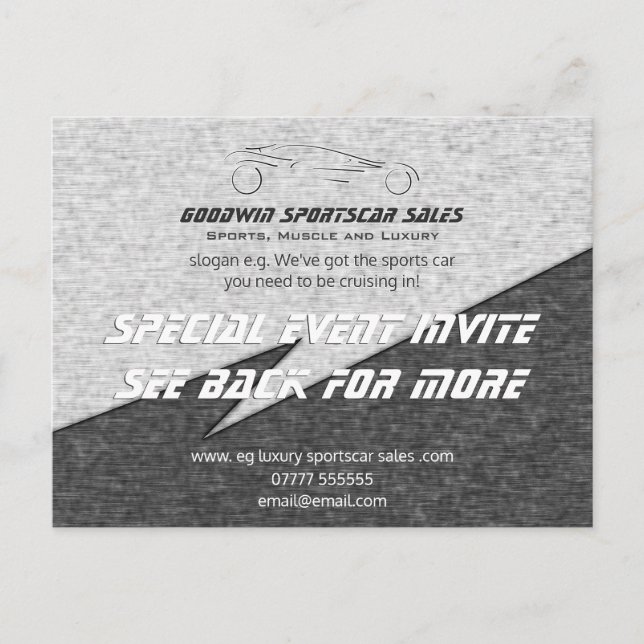 Sales Event Invite - metal effect, sportscar logo (Front)