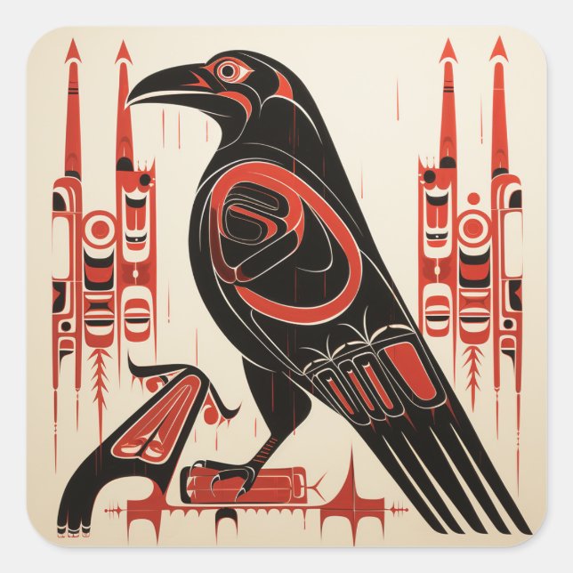 Salish native pacific northwestern art style raven square sticker (Front)