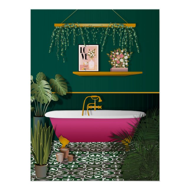 Salle de bain romantique et vert foncé | Poster su (Devant)