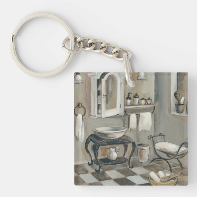 Salle de bains française carrelée noire et blanche (Devant)