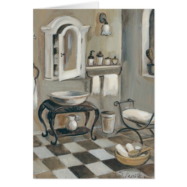 Salle de bains française carrelée noire et blanche (Devant)