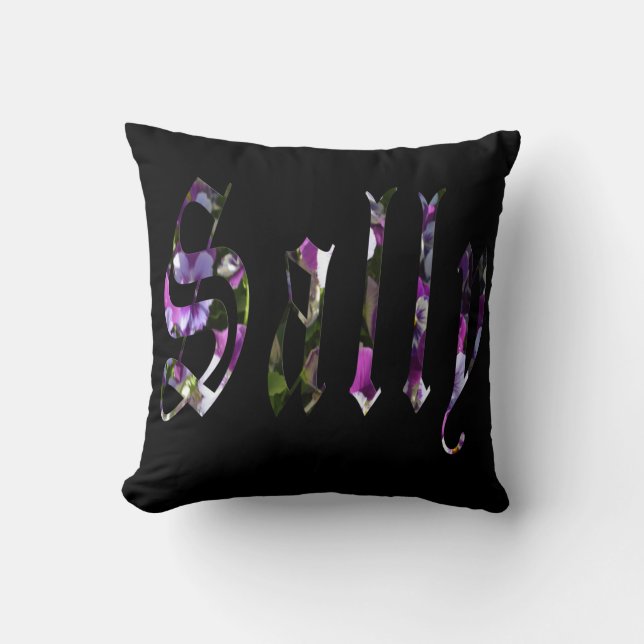 Sally, Name, Logo, Black Throw Cushion. Pillow (Front)