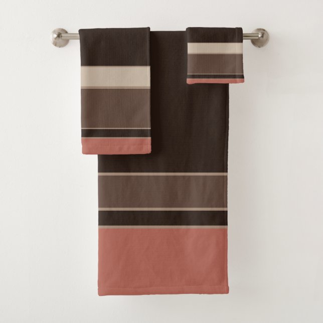 Salmon and Coffee Stripes Bath Towel Set (Insitu)
