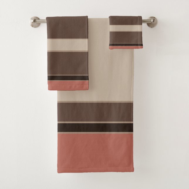 Salmon and Coffee Stripes Bath Towel Set (Insitu)