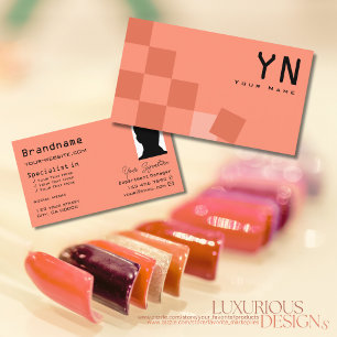 Salmon and Coral Checkered with Monogram & Photo Business Card