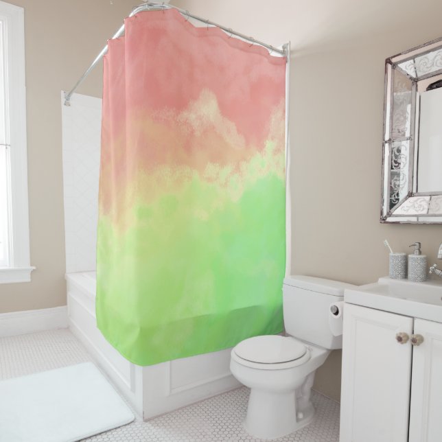 Salmon and Lime Abstract Clouds Shower Curtain (In Situ)