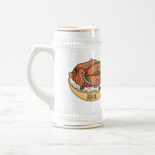 Salmon bagel cartoon illustration beer stein