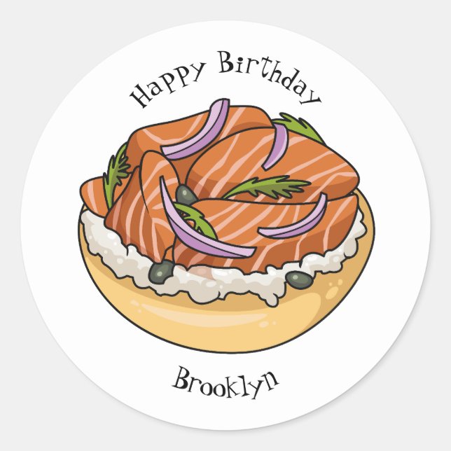 Salmon bagel cartoon illustration classic round sticker (Front)