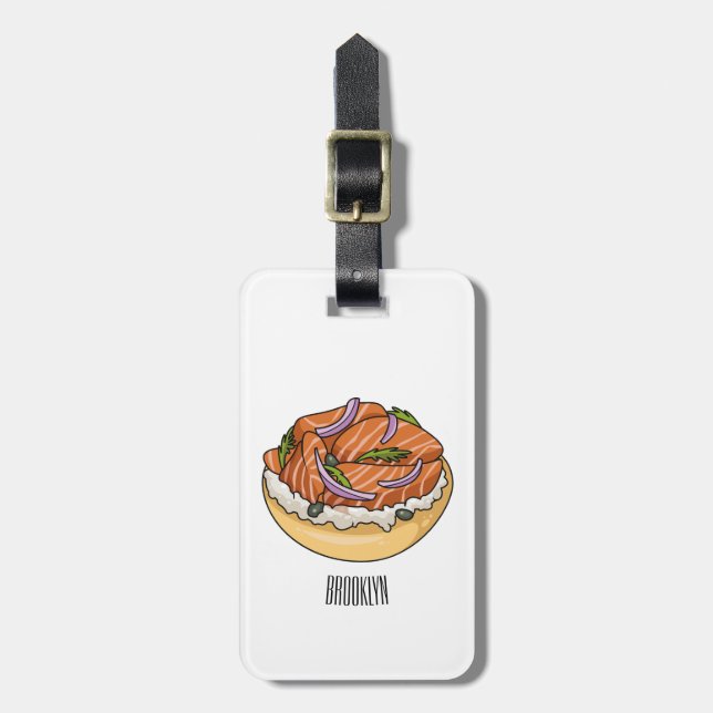 Salmon bagel cartoon illustration luggage tag (Front Vertical)