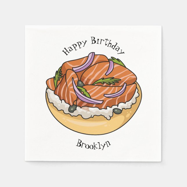 Salmon bagel cartoon illustration napkin (Front)