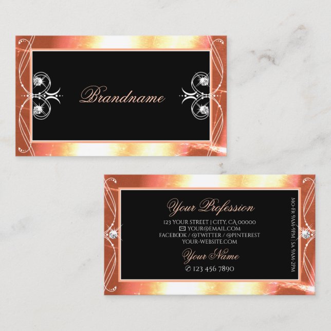 Salmon Black Sparkling Diamonds Decorative Ornate Business Card (Front/Back)