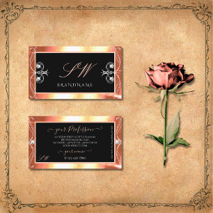 Salmon Black Sparkling Diamonds Monogram Ornate Business Card