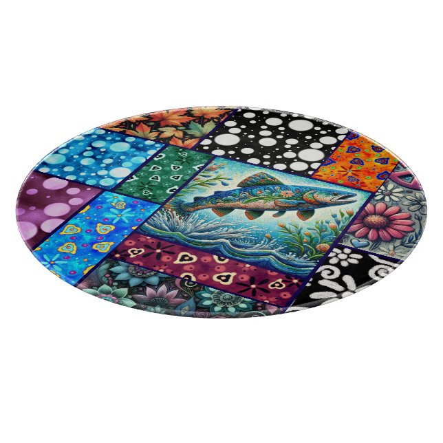 Salmon Crazy Quilt Floral Whimsical Colourful Cutting Board (Corner)