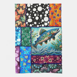 Salmon Crazy Quilt Floral Whimsical Colourful Kitchen Towel