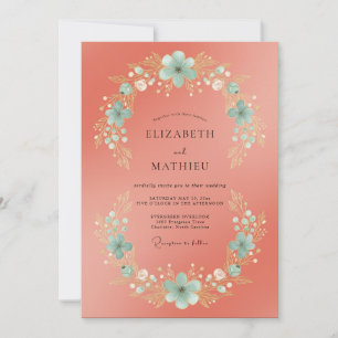 Salmon Cyan Wreath Wedding Invitation