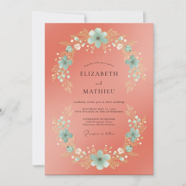 Salmon Cyan Wreath Wedding Invitation (Front)