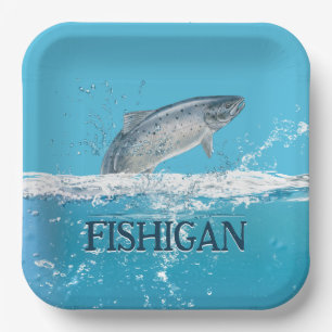 Salmon Fish In Water With Michigan Text Paper Plate