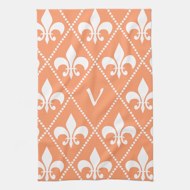 Salmon Fleur de Lis with monogram initial Kitchen Towel (Vertical)