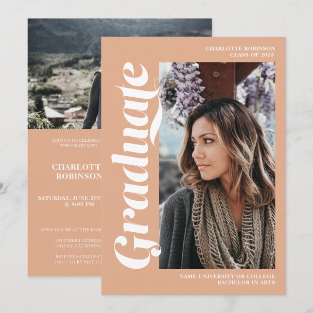 Salmon graduate script 3 photo graduation invitation (Front/Back)