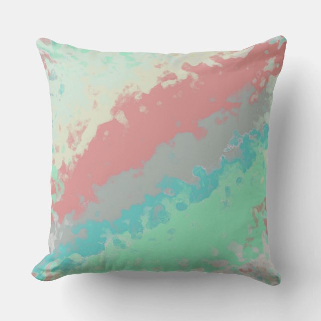 Salmon, green and blue abstract throw pillow (Front)