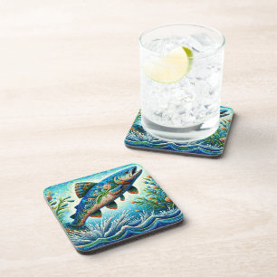 Salmon Jumping Mosaic Floral Blue Green Peach Coaster